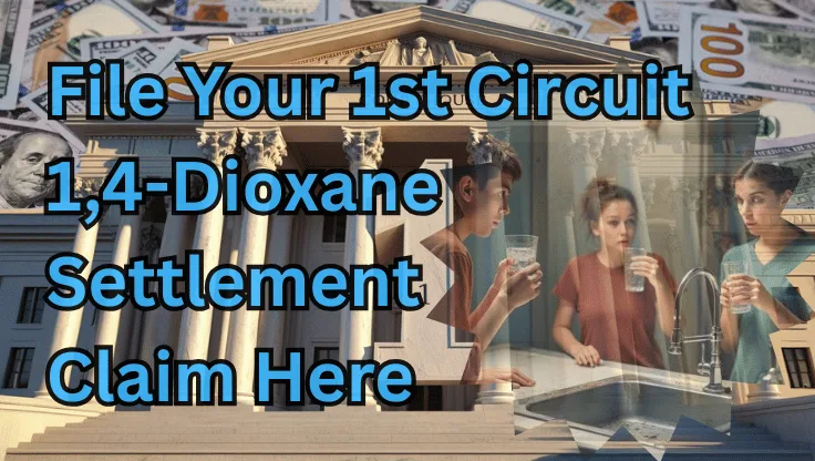 File Your 1st Circuit 1,4-Dioxane Settlement Claim Here text on depiction of First Circuit court with a concerned family drinking sink water and high-value cash backdrop.